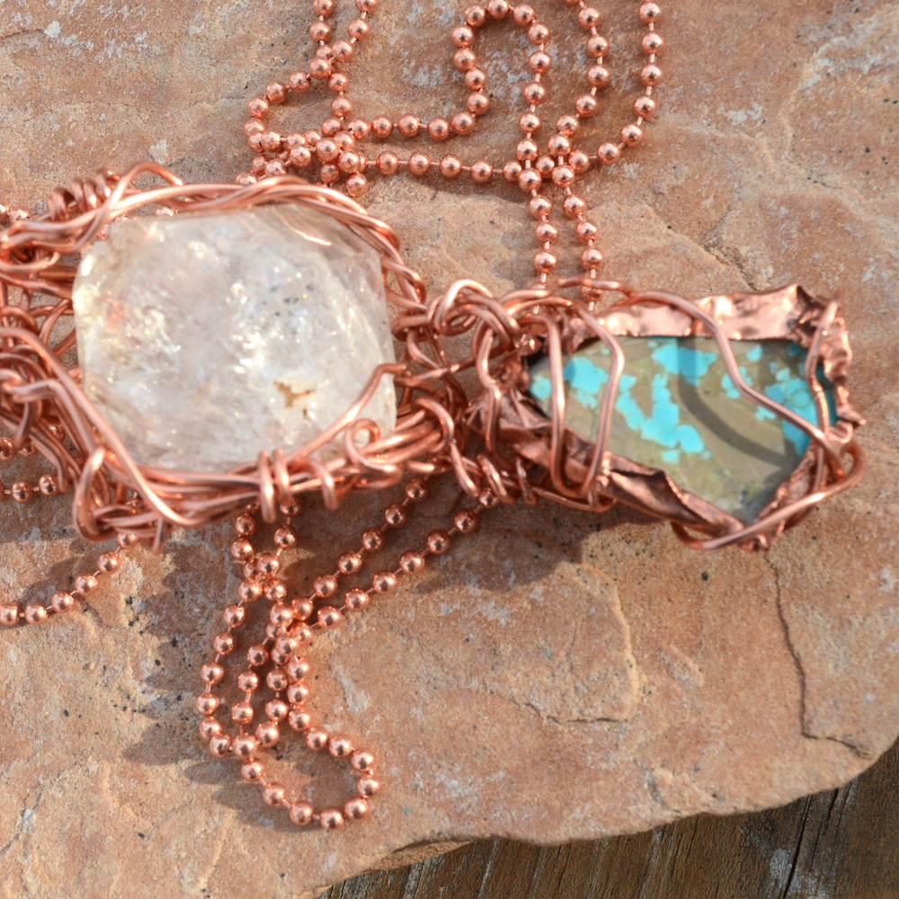 Genuine Turquoise Herkimer Diamond Copper Pendant - Picture 3 of 8